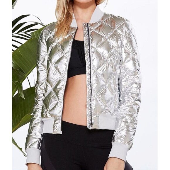 Alo Idol Bomber Jacket Silver Goose Down Quilted Shiny Warm Winter Puffer Coat L - Picture 1 of 11